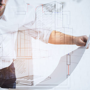 Engineer looking at blueprint Handsome young engineer looking at abstract building blueprint. Double exposure